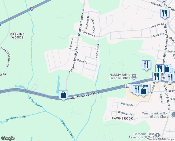 map of restaurants, bars, coffee shops, grocery stores, and more near 3028 Daisy Court in Gastonia