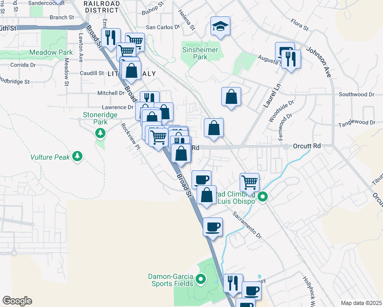 map of restaurants, bars, coffee shops, grocery stores, and more near 801 Orcutt Road in San Luis Obispo
