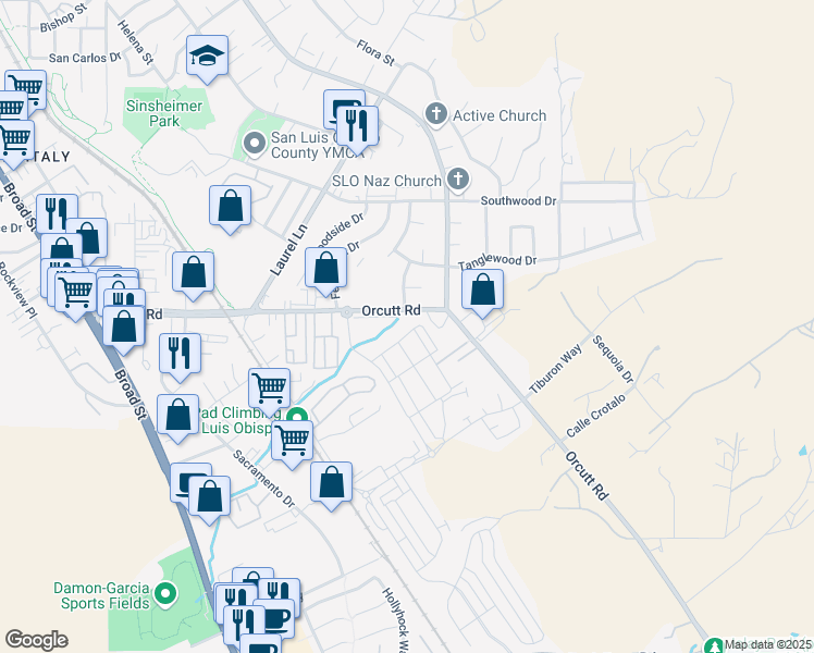 map of restaurants, bars, coffee shops, grocery stores, and more near 3600 Ranch House Rd. in San Luis Obispo