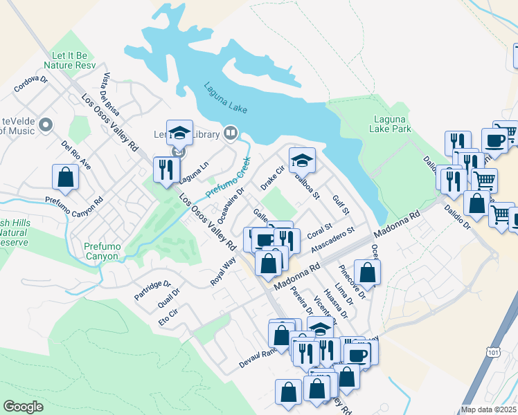 map of restaurants, bars, coffee shops, grocery stores, and more near 1396 Cavalier Lane in San Luis Obispo