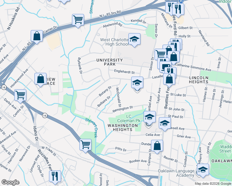 map of restaurants, bars, coffee shops, grocery stores, and more near 1811 McDonald Street in Charlotte