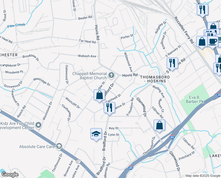 map of restaurants, bars, coffee shops, grocery stores, and more near 4420 Gum Street in Charlotte