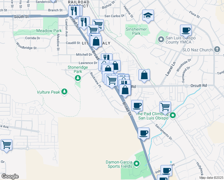 map of restaurants, bars, coffee shops, grocery stores, and more near 201 Broad Street in San Luis Obispo