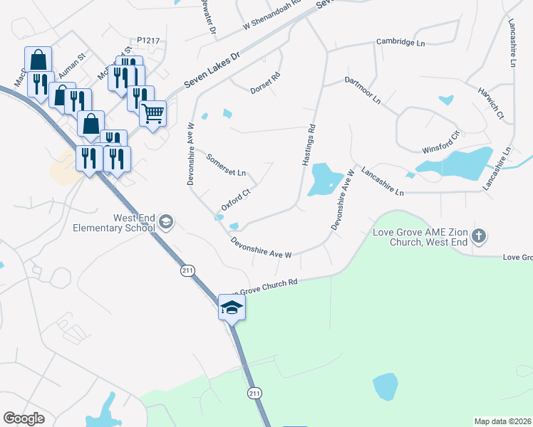 map of restaurants, bars, coffee shops, grocery stores, and more near 142 Hastings Road in Seven Lakes