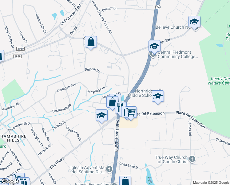 map of restaurants, bars, coffee shops, grocery stores, and more near 4000 East W.T. Harris Boulevard in Charlotte