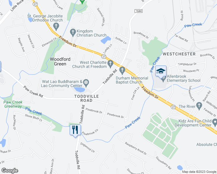 map of restaurants, bars, coffee shops, grocery stores, and more near 1735 Toddville Road in Charlotte