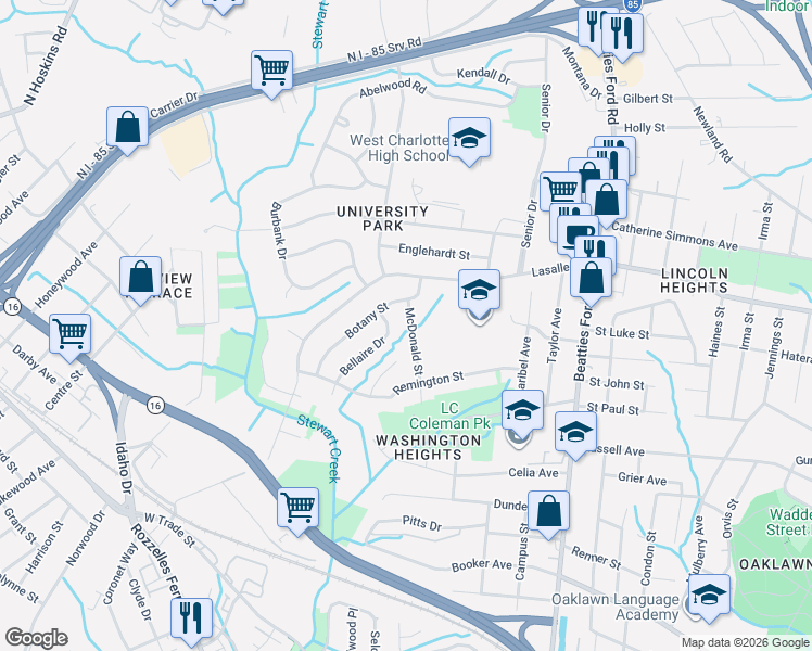 map of restaurants, bars, coffee shops, grocery stores, and more near 1811 McDonald Street in Charlotte