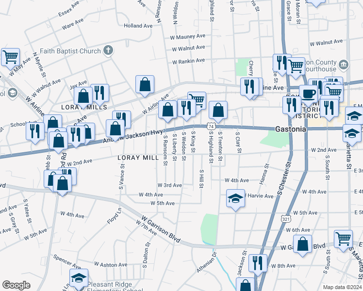 map of restaurants, bars, coffee shops, grocery stores, and more near 213 South Weldon Street in Gastonia