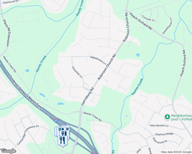 map of restaurants, bars, coffee shops, grocery stores, and more near 7913 Saddleview Court in Charlotte
