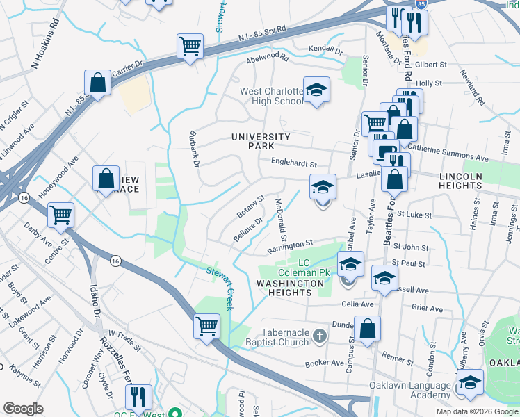 map of restaurants, bars, coffee shops, grocery stores, and more near 2908 Bellaire Drive in Charlotte
