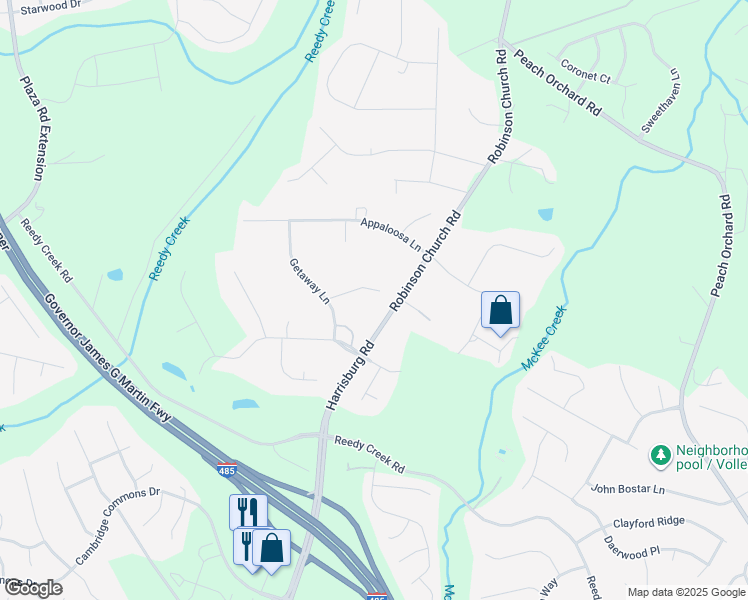 map of restaurants, bars, coffee shops, grocery stores, and more near 7913 Saddleview Court in Charlotte