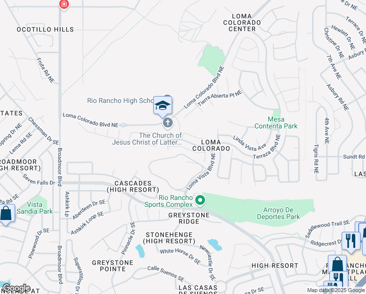 map of restaurants, bars, coffee shops, grocery stores, and more near Plano Vista Road Northeast in Rio Rancho