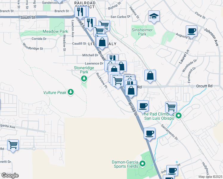 map of restaurants, bars, coffee shops, grocery stores, and more near 3210 Rockview Place in San Luis Obispo