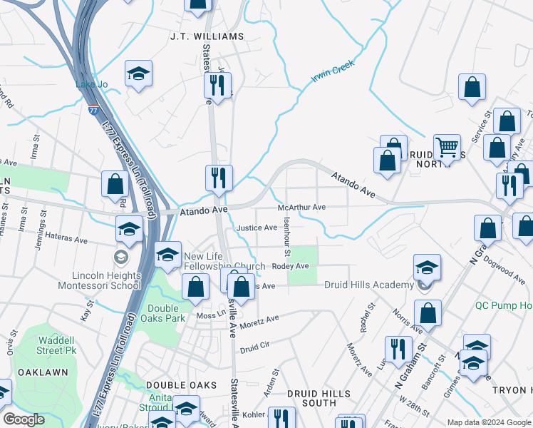 map of restaurants, bars, coffee shops, grocery stores, and more near 1016 Justice Avenue in Charlotte