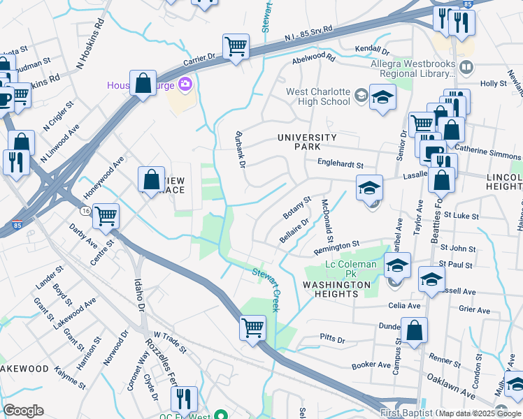 map of restaurants, bars, coffee shops, grocery stores, and more near 3000 Lasalle Street in Charlotte