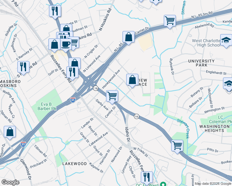 map of restaurants, bars, coffee shops, grocery stores, and more near 200 Nelson Avenue in Charlotte