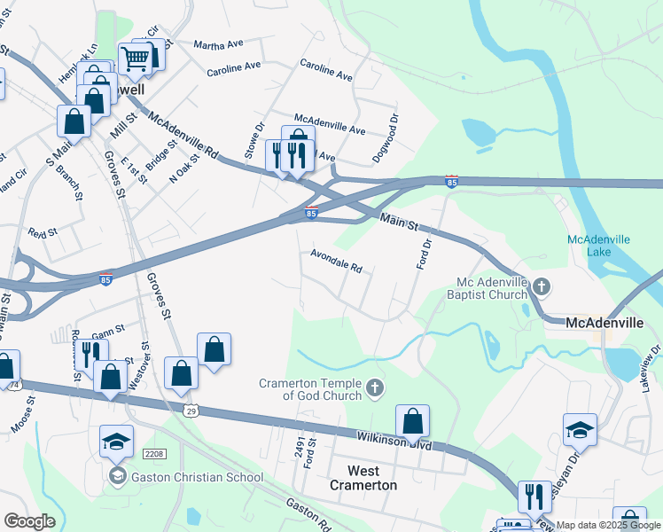 map of restaurants, bars, coffee shops, grocery stores, and more near 1021 Ford Drive in Lowell