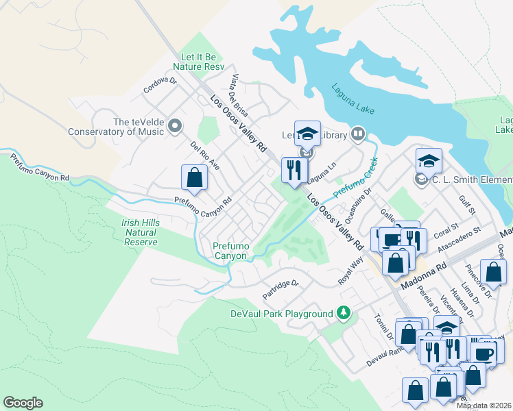 map of restaurants, bars, coffee shops, grocery stores, and more near 1013 Kerry Drive in San Luis Obispo