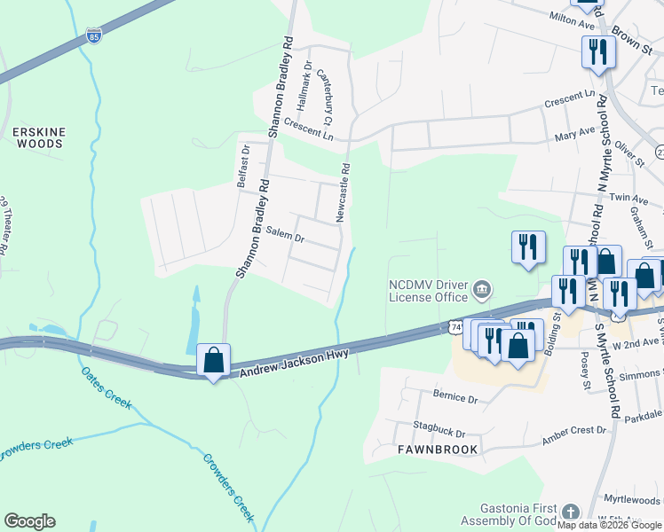 map of restaurants, bars, coffee shops, grocery stores, and more near 3000 Marigold Lane in Gastonia