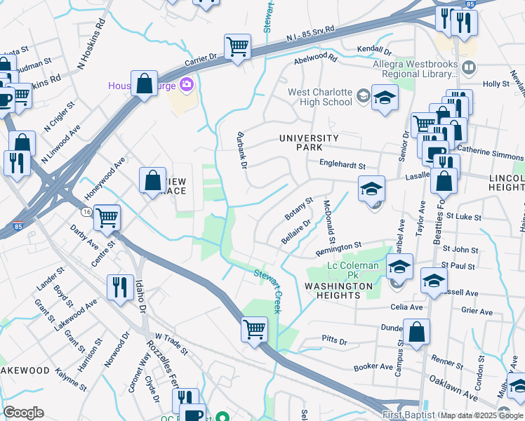 map of restaurants, bars, coffee shops, grocery stores, and more near 3000 Lasalle Street in Charlotte