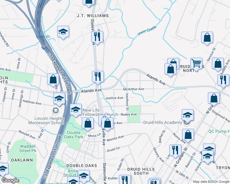 map of restaurants, bars, coffee shops, grocery stores, and more near 1104 Justice Avenue in Charlotte