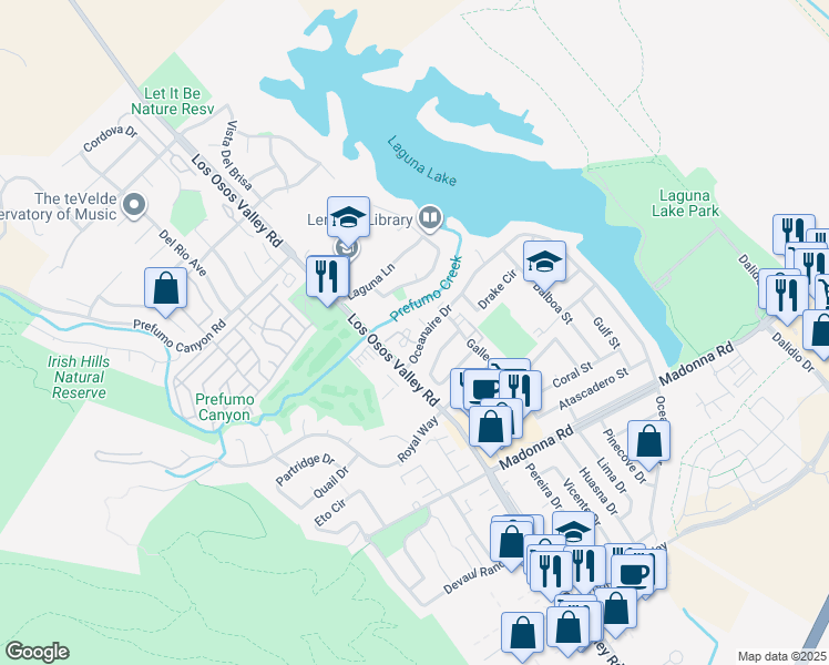 map of restaurants, bars, coffee shops, grocery stores, and more near 1106 Oceanaire Drive in San Luis Obispo