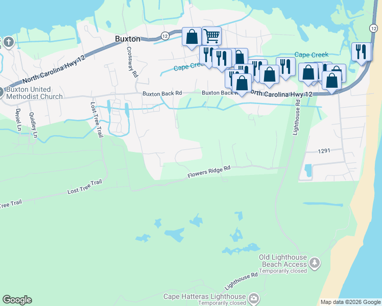 map of restaurants, bars, coffee shops, grocery stores, and more near 47147 Ridge Trail in Buxton