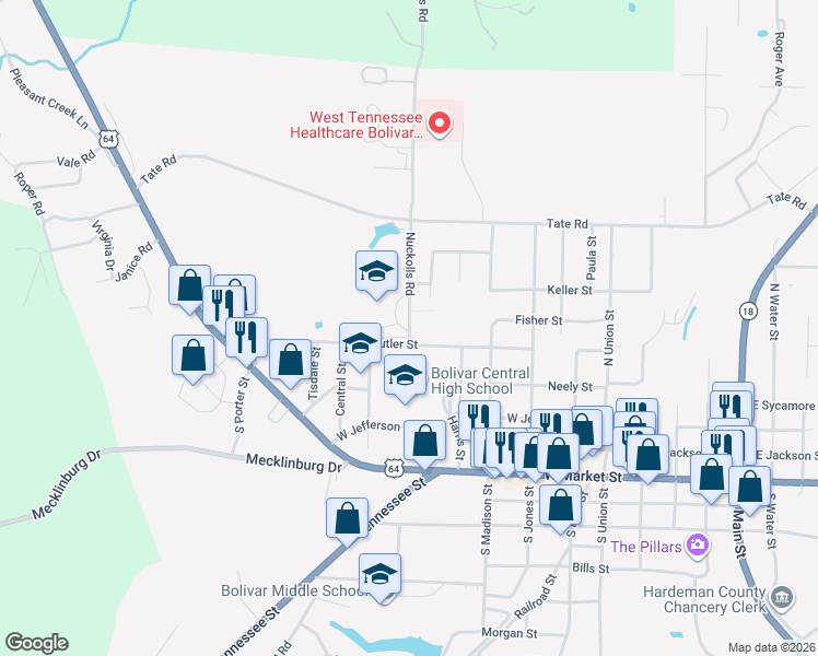 map of restaurants, bars, coffee shops, grocery stores, and more near 445 Nuckolls Road in Bolivar