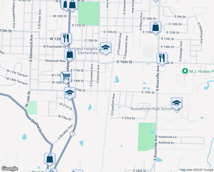 map of restaurants, bars, coffee shops, grocery stores, and more near 1824 South Erie Avenue in Russellville