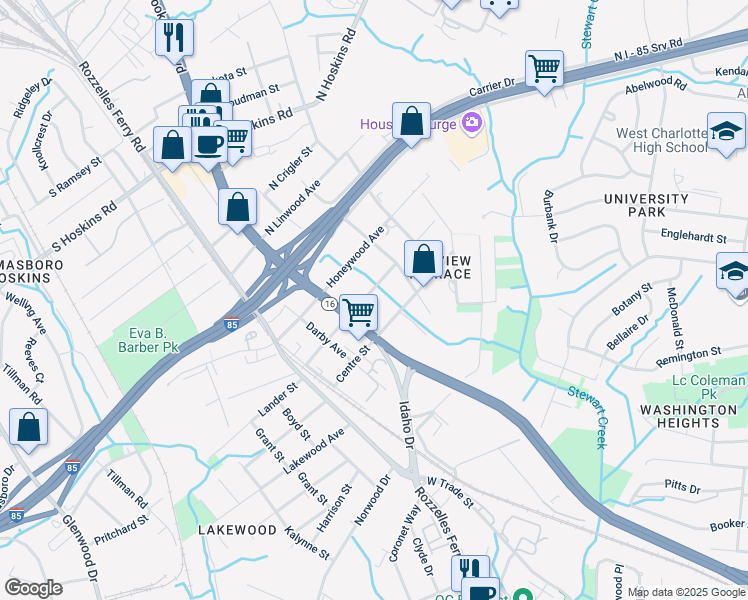 map of restaurants, bars, coffee shops, grocery stores, and more near 200 Nelson Avenue in Charlotte