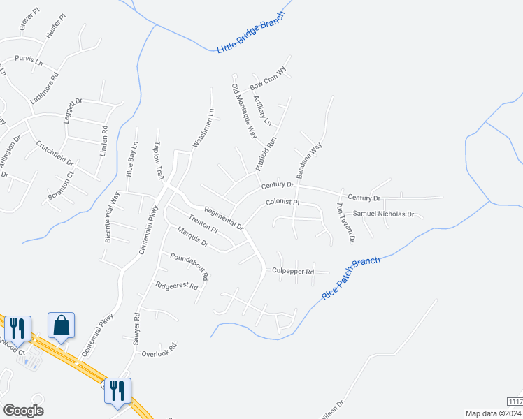map of restaurants, bars, coffee shops, grocery stores, and more near 92 Colonist Place in Cameron