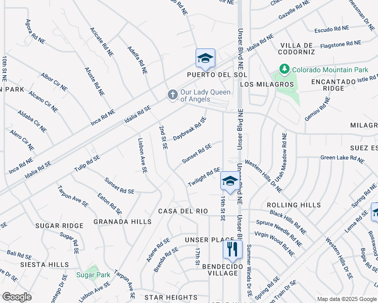 map of restaurants, bars, coffee shops, grocery stores, and more near 1704 Sunset Road Southeast in Rio Rancho