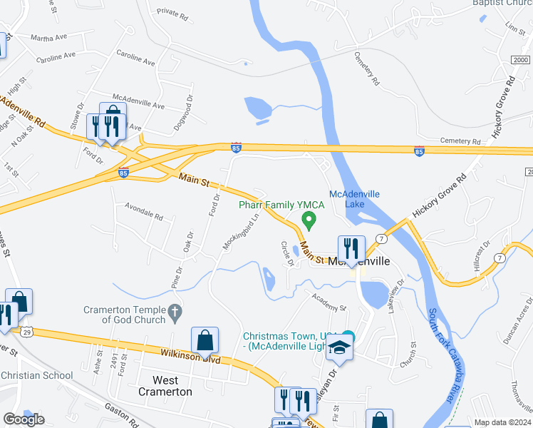 map of restaurants, bars, coffee shops, grocery stores, and more near 261 Main Street in Gastonia