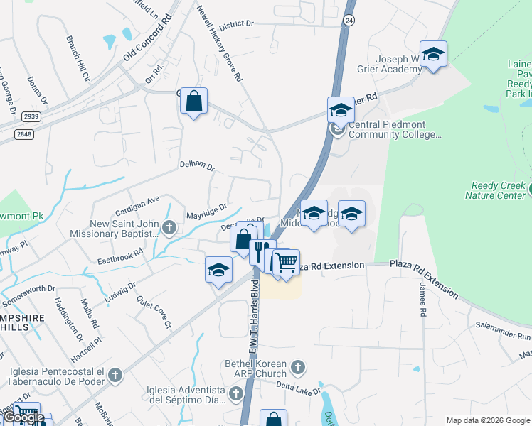 map of restaurants, bars, coffee shops, grocery stores, and more near 4000 East W.T. Harris Boulevard in Charlotte