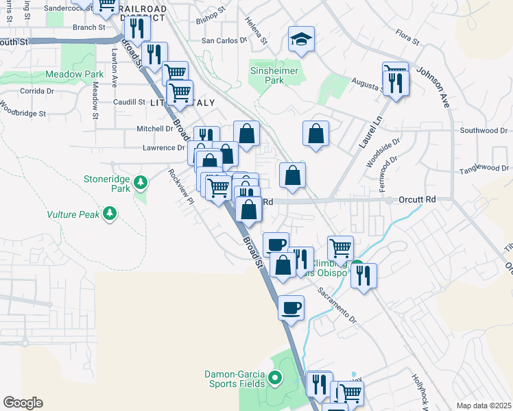 map of restaurants, bars, coffee shops, grocery stores, and more near 801 Orcutt Road in San Luis Obispo