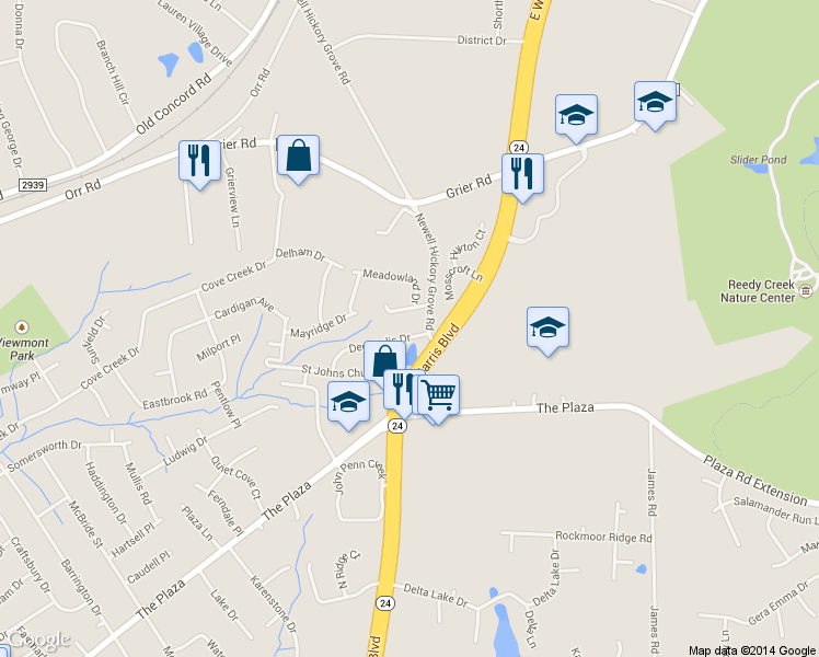 map of restaurants, bars, coffee shops, grocery stores, and more near 4000 East W.T. Harris Boulevard in Charlotte