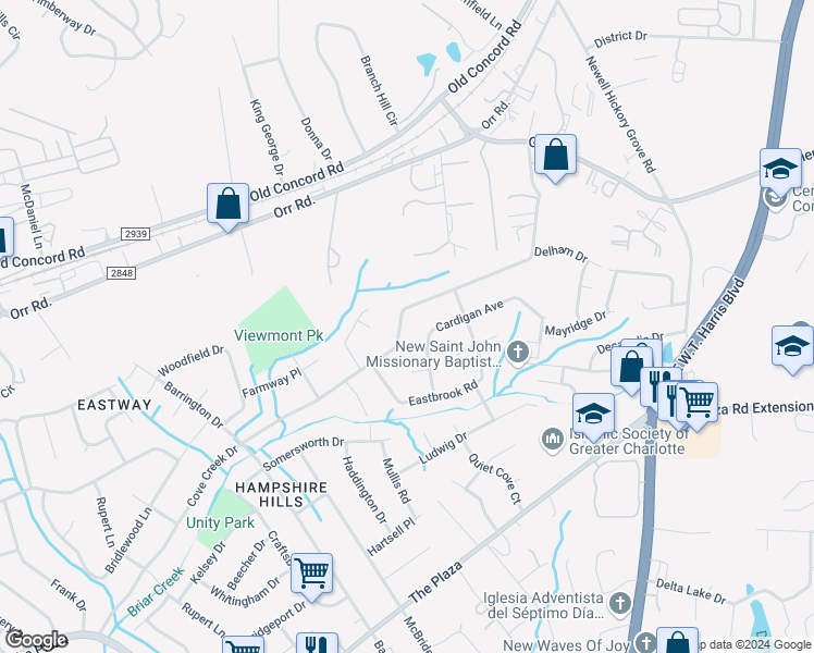 map of restaurants, bars, coffee shops, grocery stores, and more near 6735 Cove Creek Drive in Charlotte