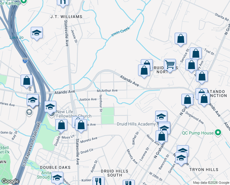 map of restaurants, bars, coffee shops, grocery stores, and more near 828 Justice Avenue in Charlotte