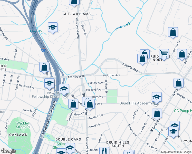 map of restaurants, bars, coffee shops, grocery stores, and more near 1104 Justice Avenue in Charlotte