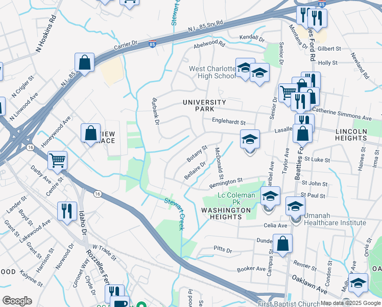 map of restaurants, bars, coffee shops, grocery stores, and more near 2934 Bellaire Drive in Charlotte