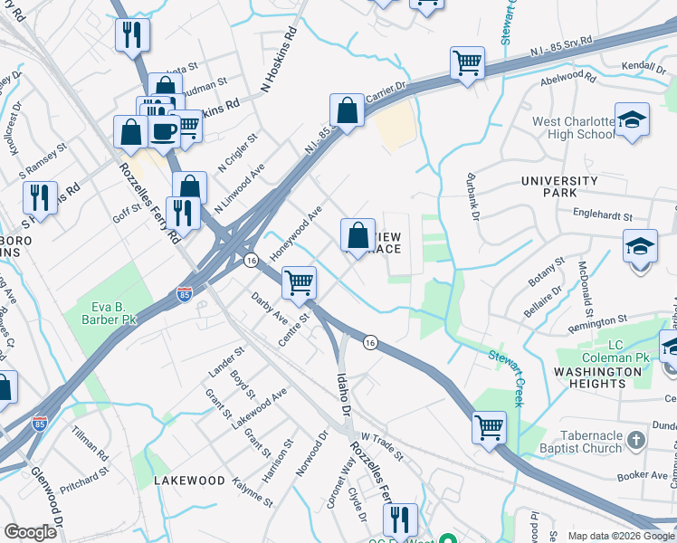 map of restaurants, bars, coffee shops, grocery stores, and more near 225 Centre Street in Charlotte