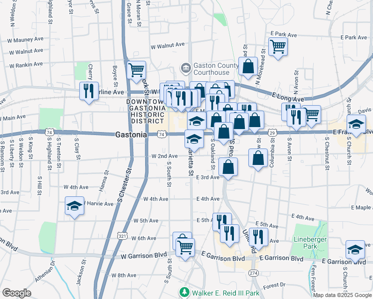 map of restaurants, bars, coffee shops, grocery stores, and more near 113 West 2nd Avenue in Gastonia