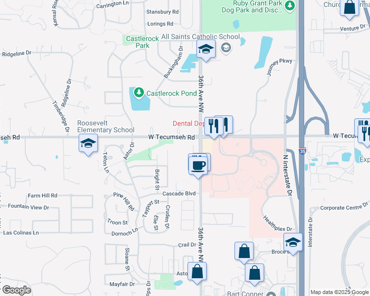 map of restaurants, bars, coffee shops, grocery stores, and more near 3408 36th Avenue Northwest in Norman