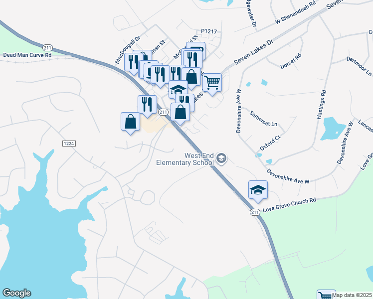 map of restaurants, bars, coffee shops, grocery stores, and more near 4414 North Carolina 211 in Seven Lakes