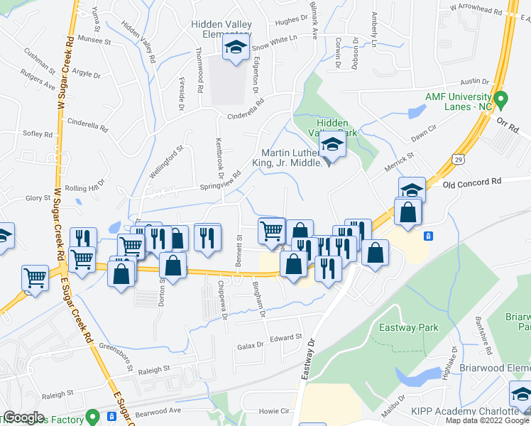 map of restaurants, bars, coffee shops, grocery stores, and more near 403 Lambeth Drive in Charlotte