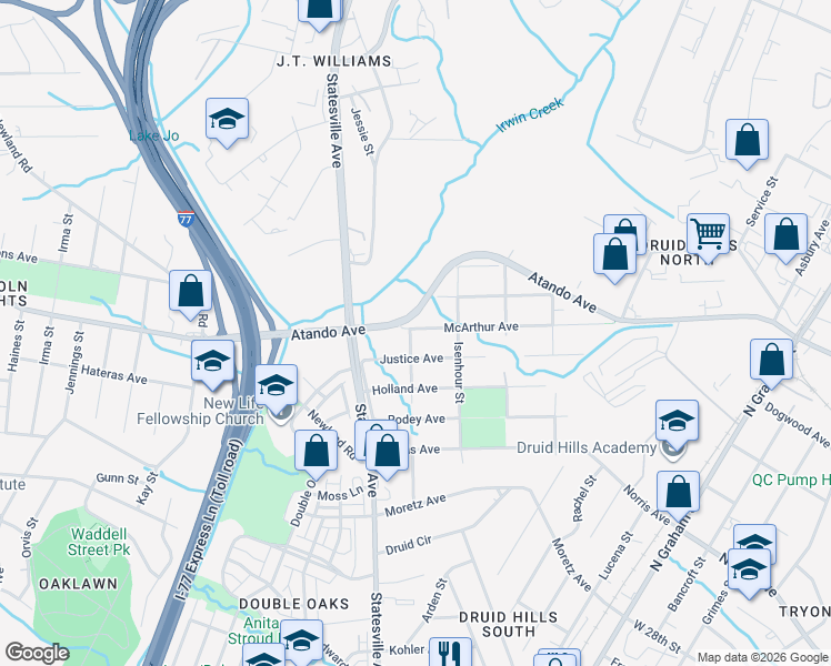 map of restaurants, bars, coffee shops, grocery stores, and more near 1104 Justice Avenue in Charlotte