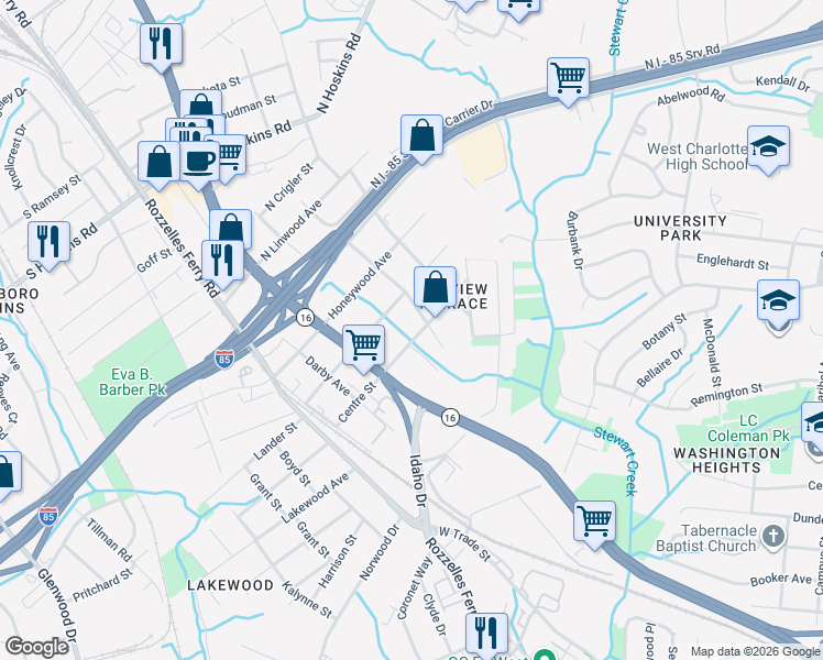 map of restaurants, bars, coffee shops, grocery stores, and more near 225 Centre Street in Charlotte