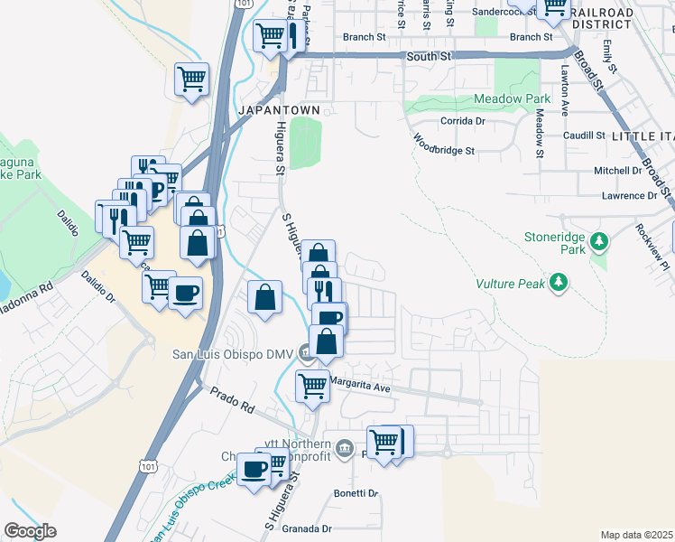 map of restaurants, bars, coffee shops, grocery stores, and more near 135 Fontana Avenue in San Luis Obispo