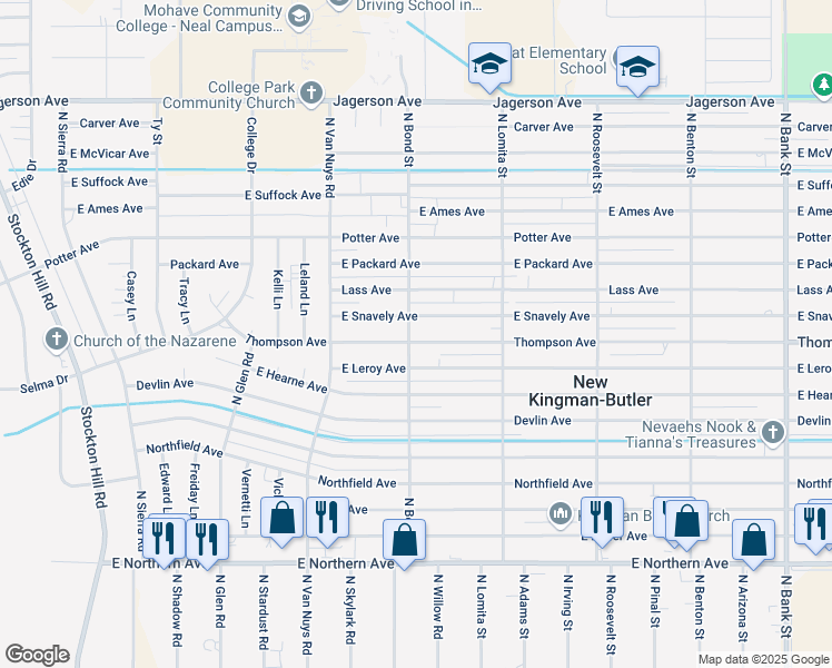 map of restaurants, bars, coffee shops, grocery stores, and more near 2280 Thompson Avenue in Kingman