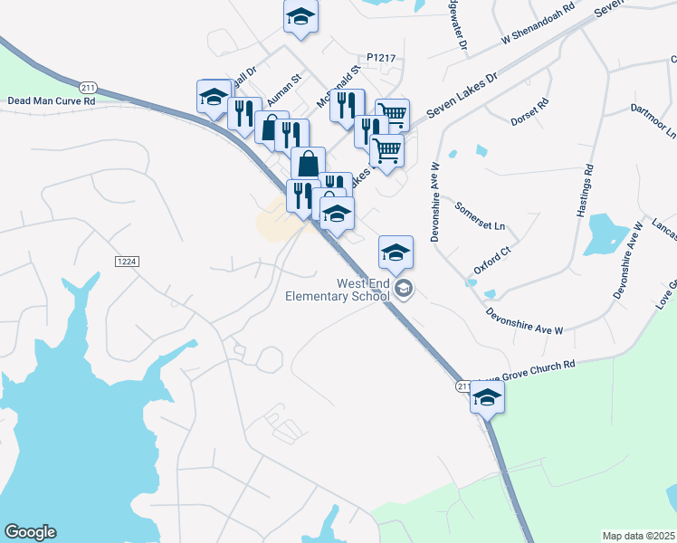 map of restaurants, bars, coffee shops, grocery stores, and more near 4414 North Carolina 211 in Seven Lakes